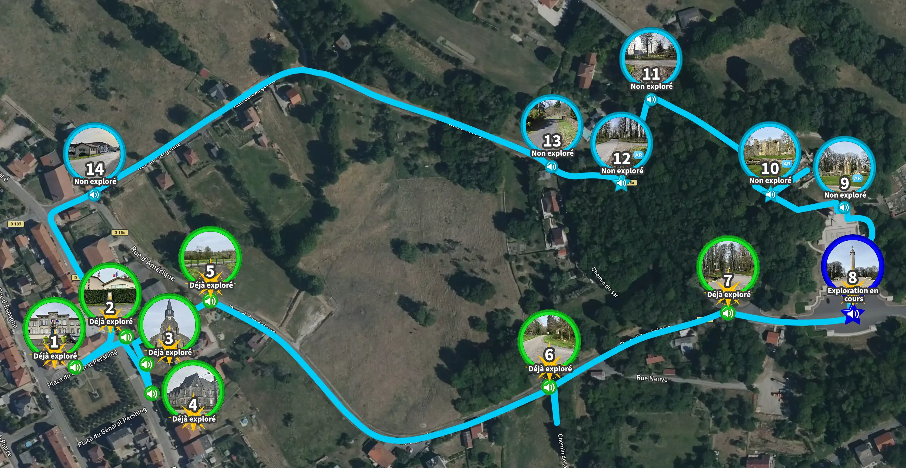 Tracé du circuit de visite guidée sur la carte.