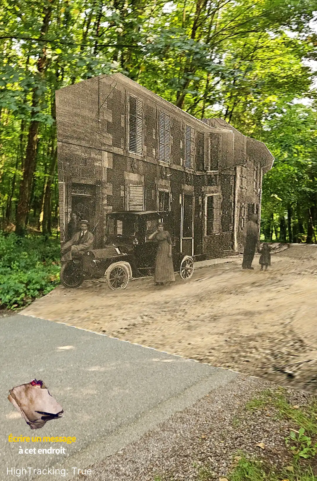 Photographie de l'ancienne Rue Haute à Montfaucon d'Argonne avec réalité augmentée.