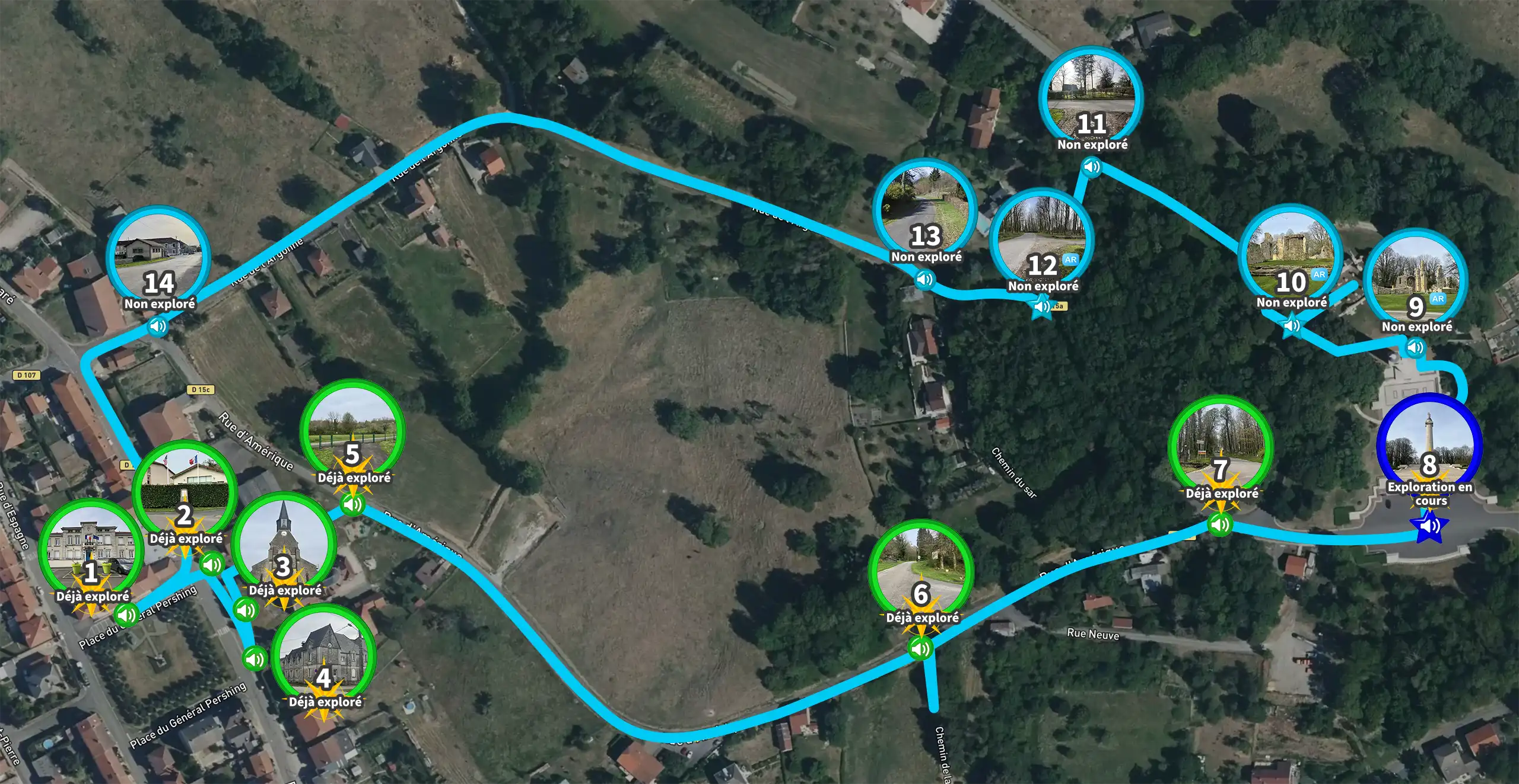 Carte du parcours de visite guidée disponible dans l'application Explore Montfaucon.